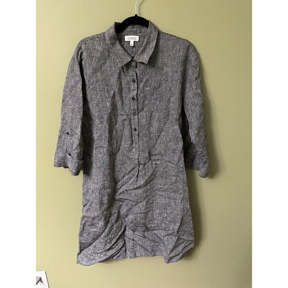Talbots Haven Well Within Dark Gray Linen Dress Size L Roll Tab Short Sleeve - Picture 2 of 10
